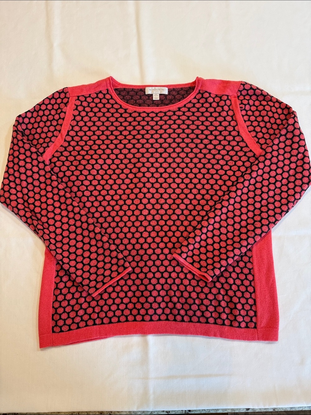 Nordstrom Pink and Black Dot 100% Cashmere Crewneck Sweater